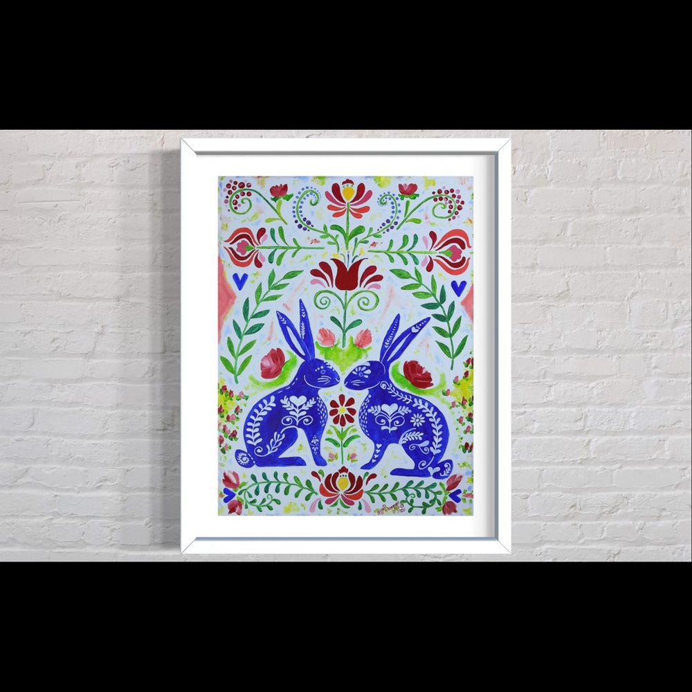 Scandinavian Rabbits Giclée Folk Art Print of Oil Painting Whimsical Rosemaling - Picture 8 of 9